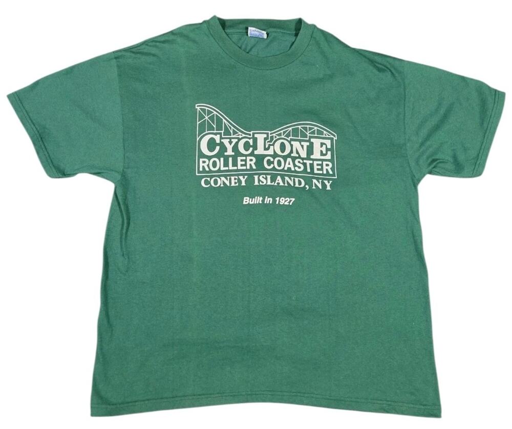 Vtg Cyclone Roller Coaster T-Shirt Coney Island Amusement Park Promo Green XL